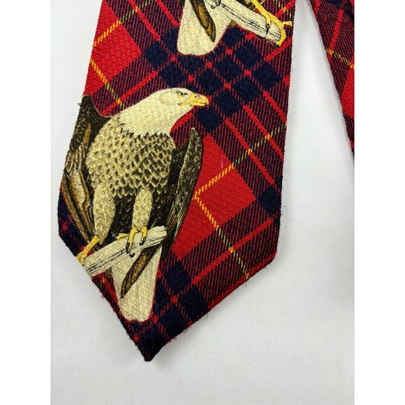 Harken Vintage Silk Tie Plaid Red Black Yellow Eagles EAE Hand Printed Italy - Picture 9 of 13
